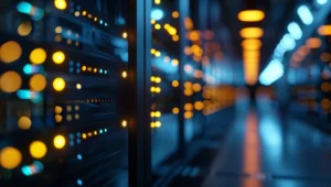 side on view of racks of servers in a data centre